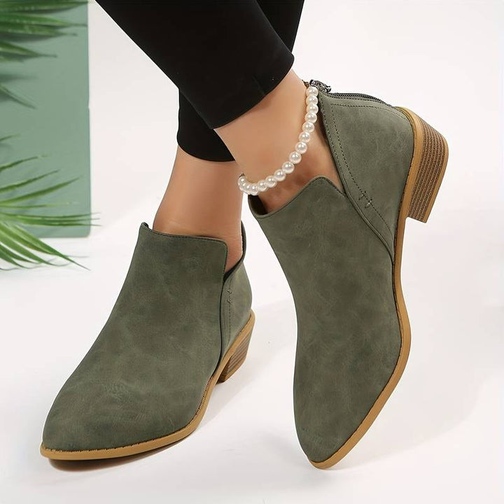 Bianca | Pointed Toe Ankle Boots with V-Cut Out and Block Heel