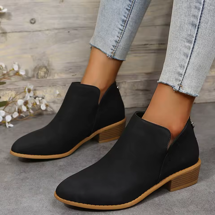 Bianca | Pointed Toe Ankle Boots with V-Cut Out and Block Heel