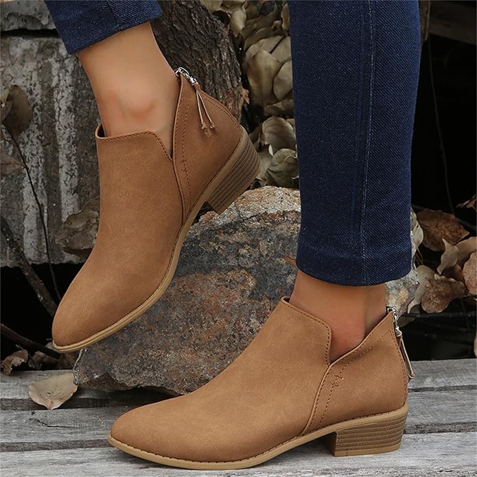 Bianca | Pointed Toe Ankle Boots with V-Cut Out and Block Heel