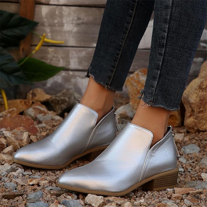 Bianca | Pointed Toe Ankle Boots with V-Cut Out and Block Heel