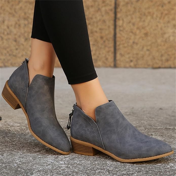 Bianca | Pointed Toe Ankle Boots with V-Cut Out and Block Heel