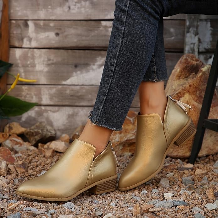 Bianca | Pointed Toe Ankle Boots with V-Cut Out and Block Heel