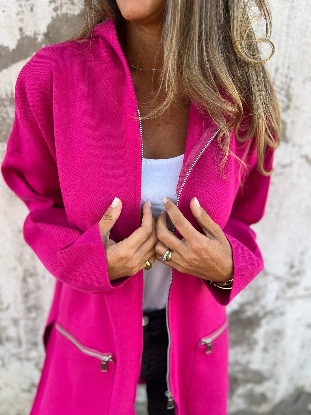 Thea - Hooded Long Cardigan with Zip Front and Long Sleeves