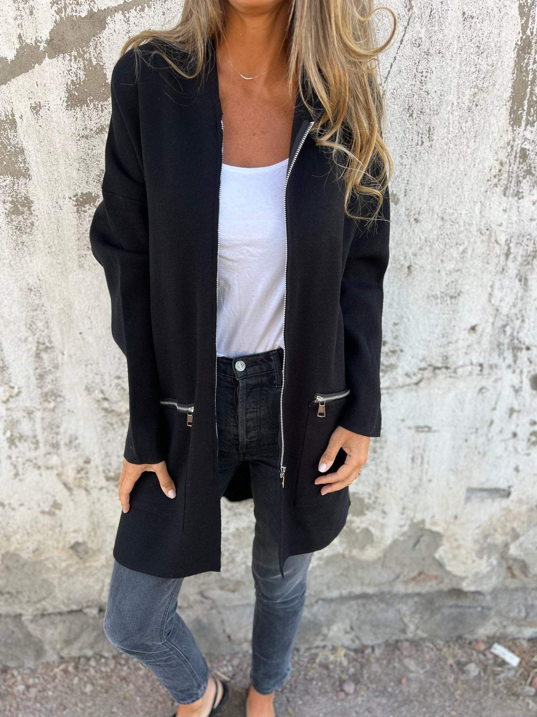 Thea - Hooded Long Cardigan with Zip Front and Long Sleeves