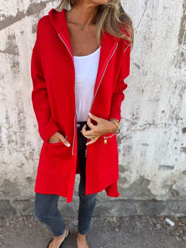 Thea - Hooded Long Cardigan with Zip Front and Long Sleeves