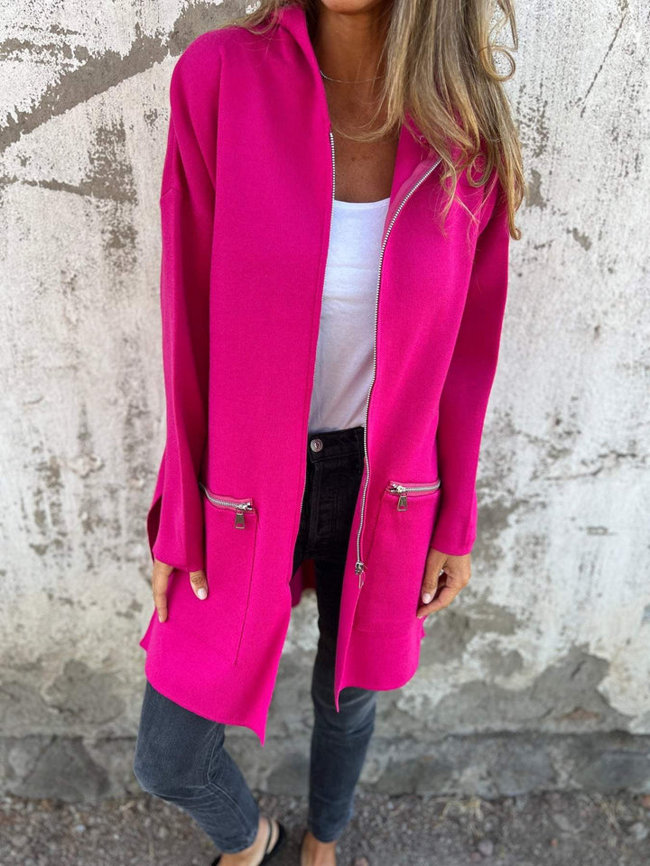Thea - Hooded Long Cardigan with Zip Front and Long Sleeves