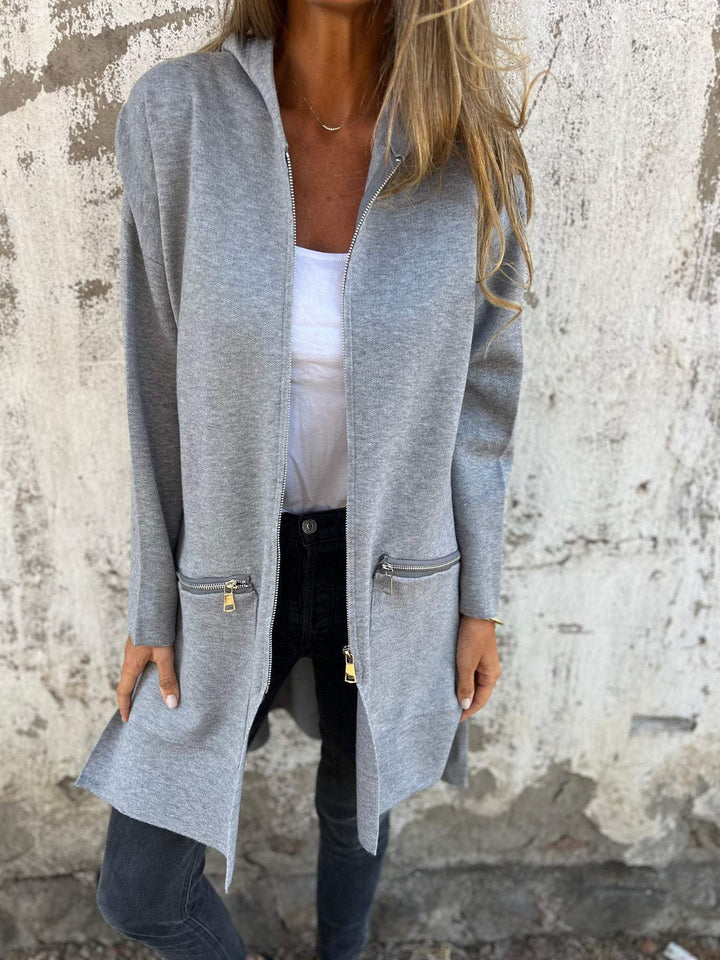 Thea - Hooded Long Cardigan with Zip Front and Long Sleeves