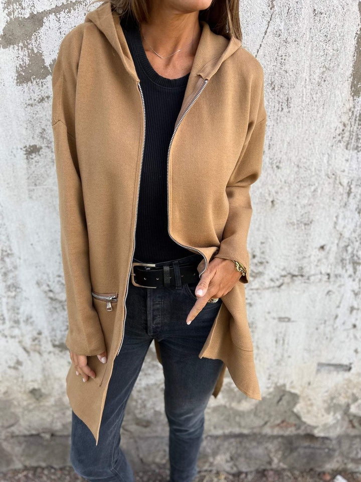 Thea - Hooded Long Cardigan with Zip Front and Long Sleeves