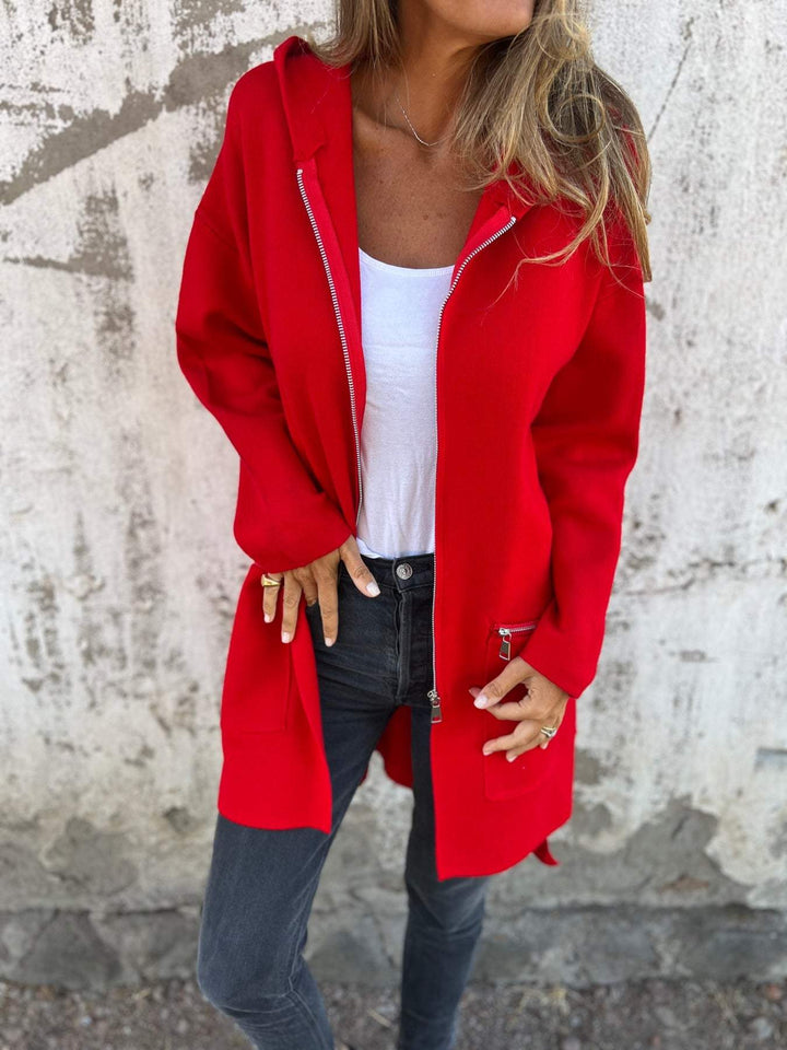 Thea - Hooded Long Cardigan with Zip Front and Long Sleeves