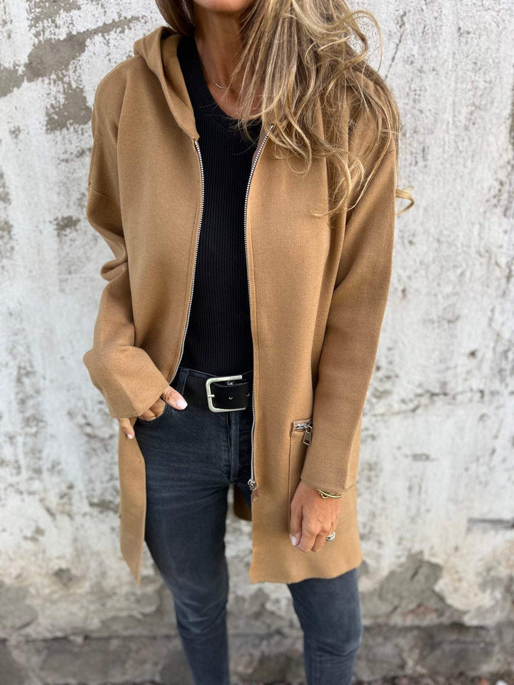 Thea - Hooded Long Cardigan with Zip Front and Long Sleeves