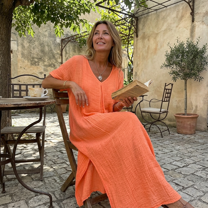 Nadene | V-Neck Maxi Dress with Center Pleat and Short Sleeves for Women