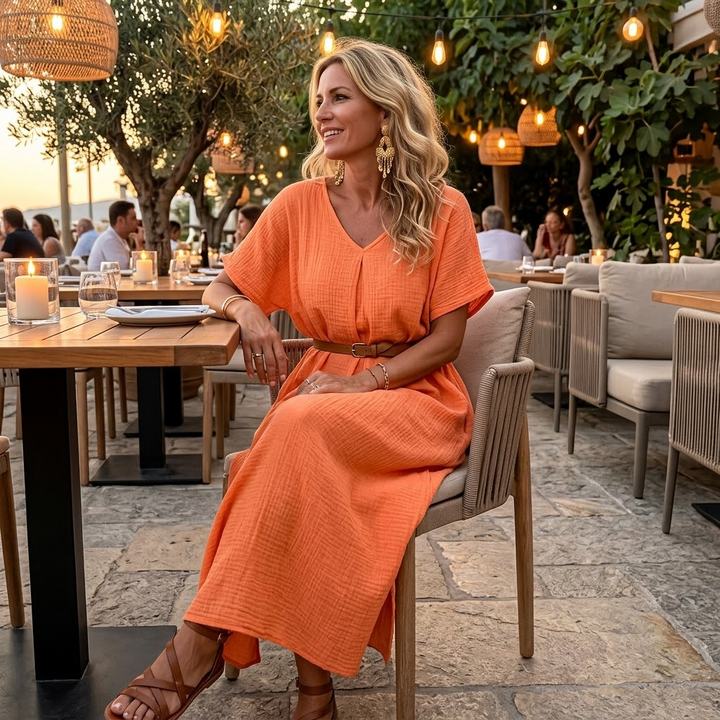 Nadene | V-Neck Maxi Dress with Center Pleat and Short Sleeves for Women
