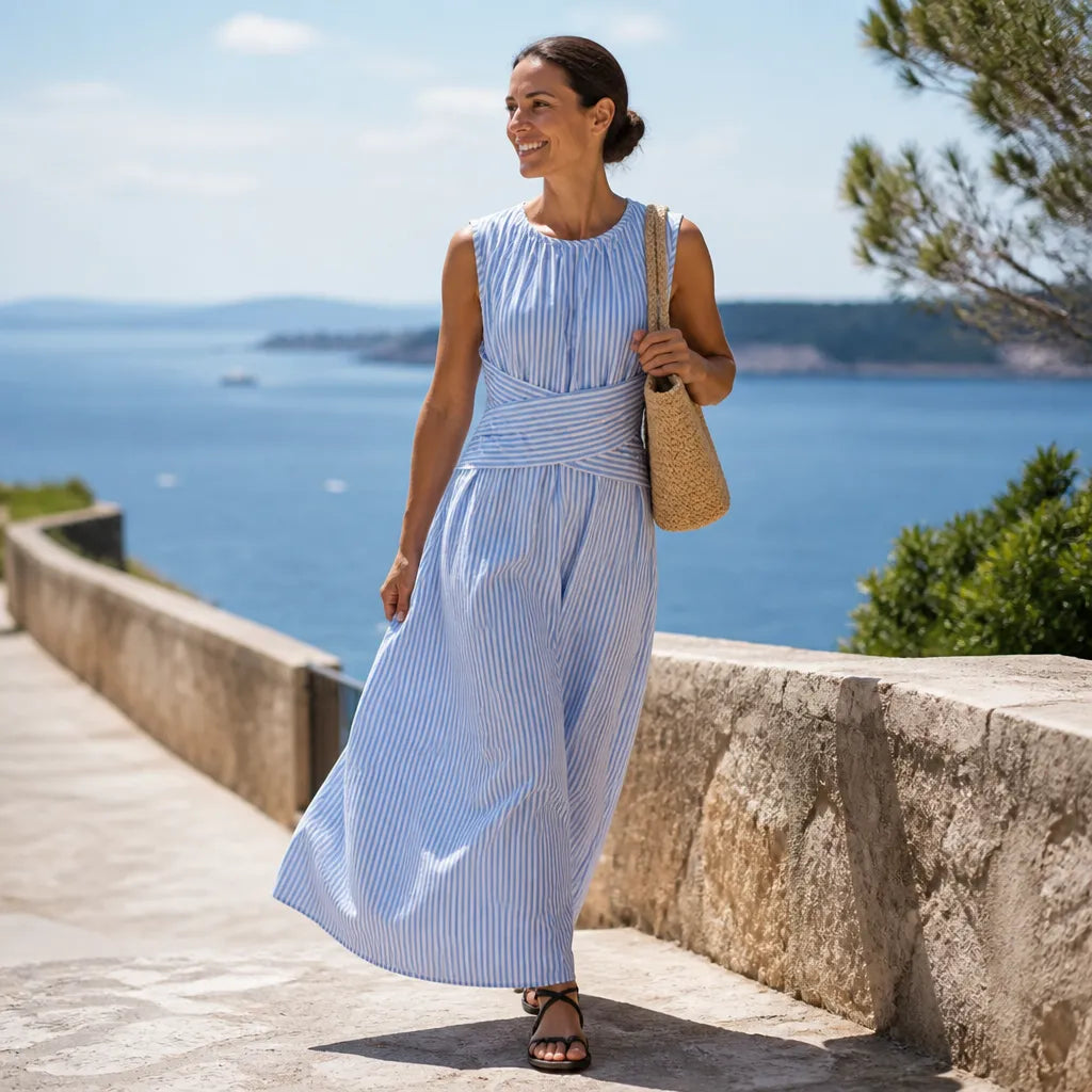Sterre | Striped Wrap-Waist Sleeveless Maxi Dress for Women