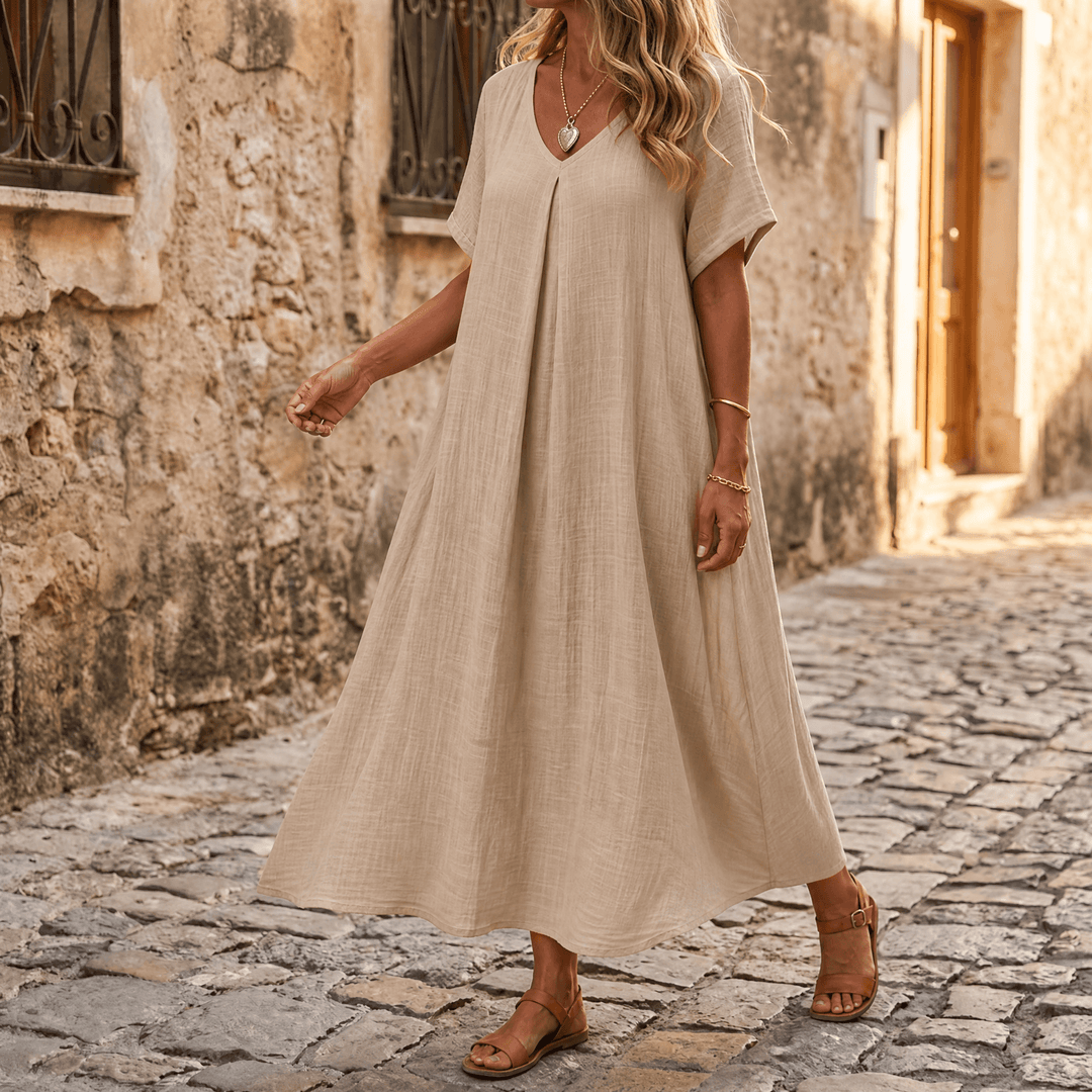Nadene | V-Neck Maxi Dress with Center Pleat and Short Sleeves for Women