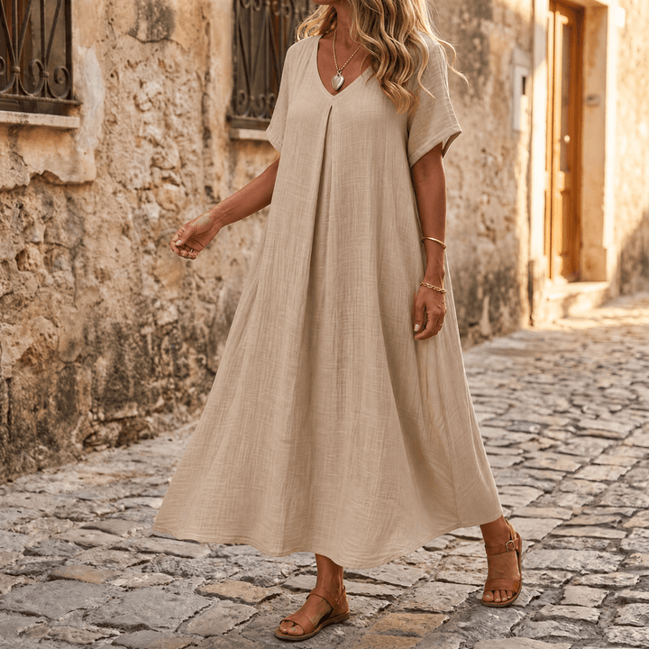 Nadene | V-Neck Maxi Dress with Center Pleat and Short Sleeves for Women