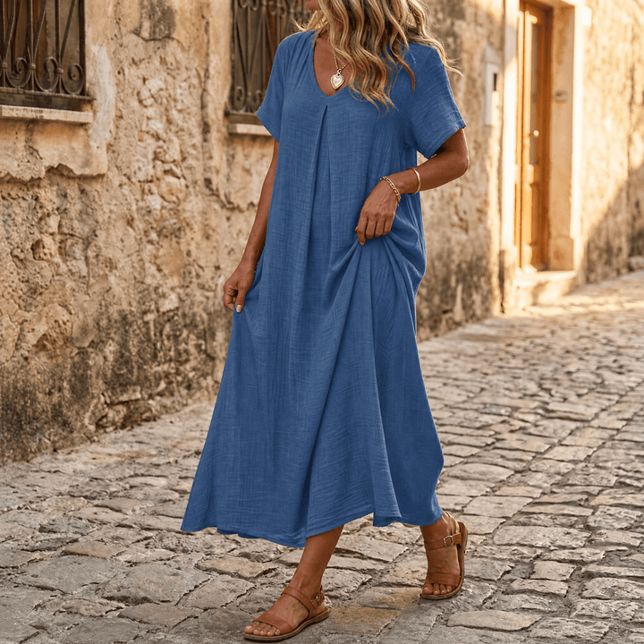Nadene | V-Neck Maxi Dress with Center Pleat and Short Sleeves for Women