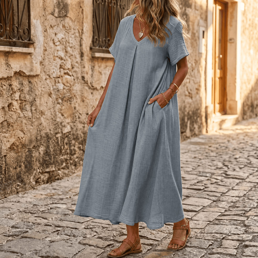Nadene | V-Neck Maxi Dress with Center Pleat and Short Sleeves for Women