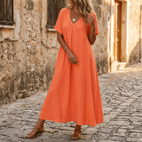 Nadene | V-Neck Maxi Dress with Center Pleat and Short Sleeves for Women