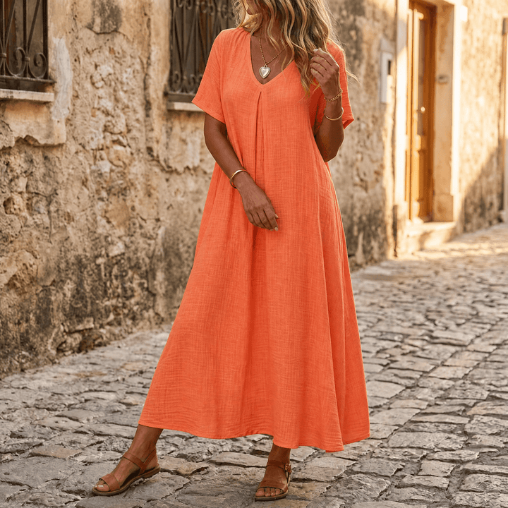 Nadene | V-Neck Maxi Dress with Center Pleat and Short Sleeves for Women