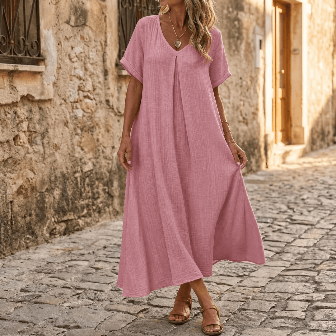 Nadene | V-Neck Maxi Dress with Center Pleat and Short Sleeves for Women
