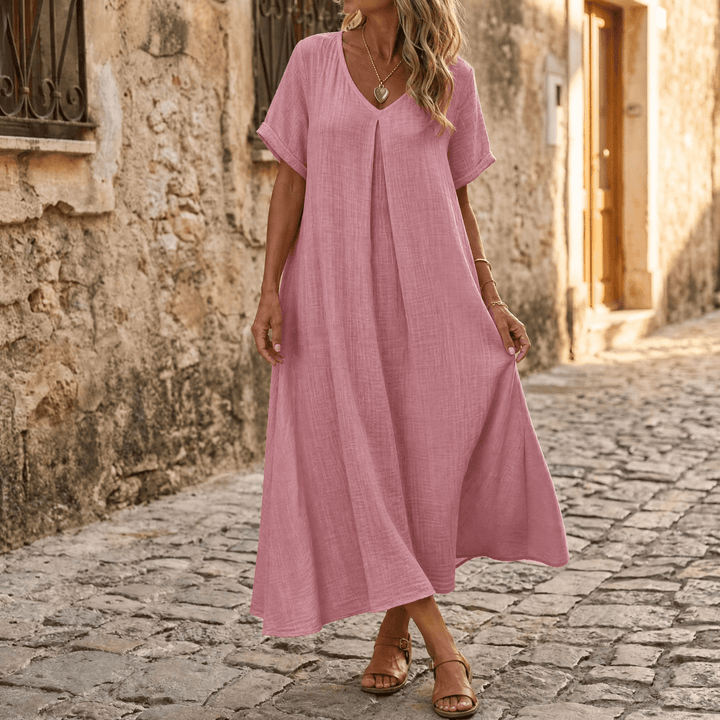 Nadene | V-Neck Maxi Dress with Center Pleat and Short Sleeves for Women