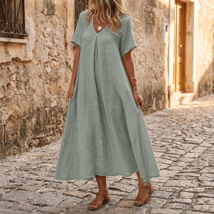 Nadene | V-Neck Maxi Dress with Center Pleat and Short Sleeves for Women