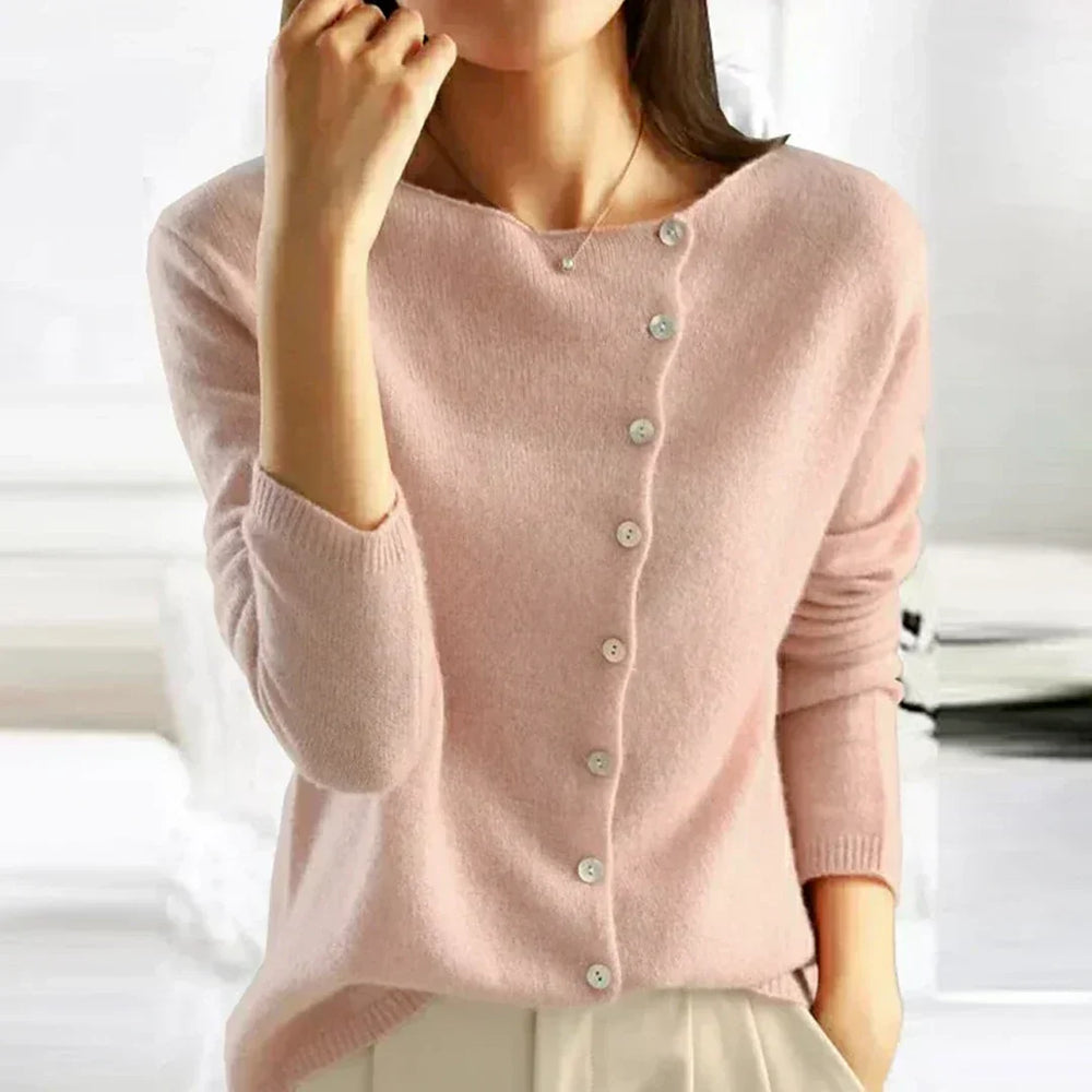 Nadyalise - Ribbed Knit Cardigan with Button Front and Asymmetric Hem