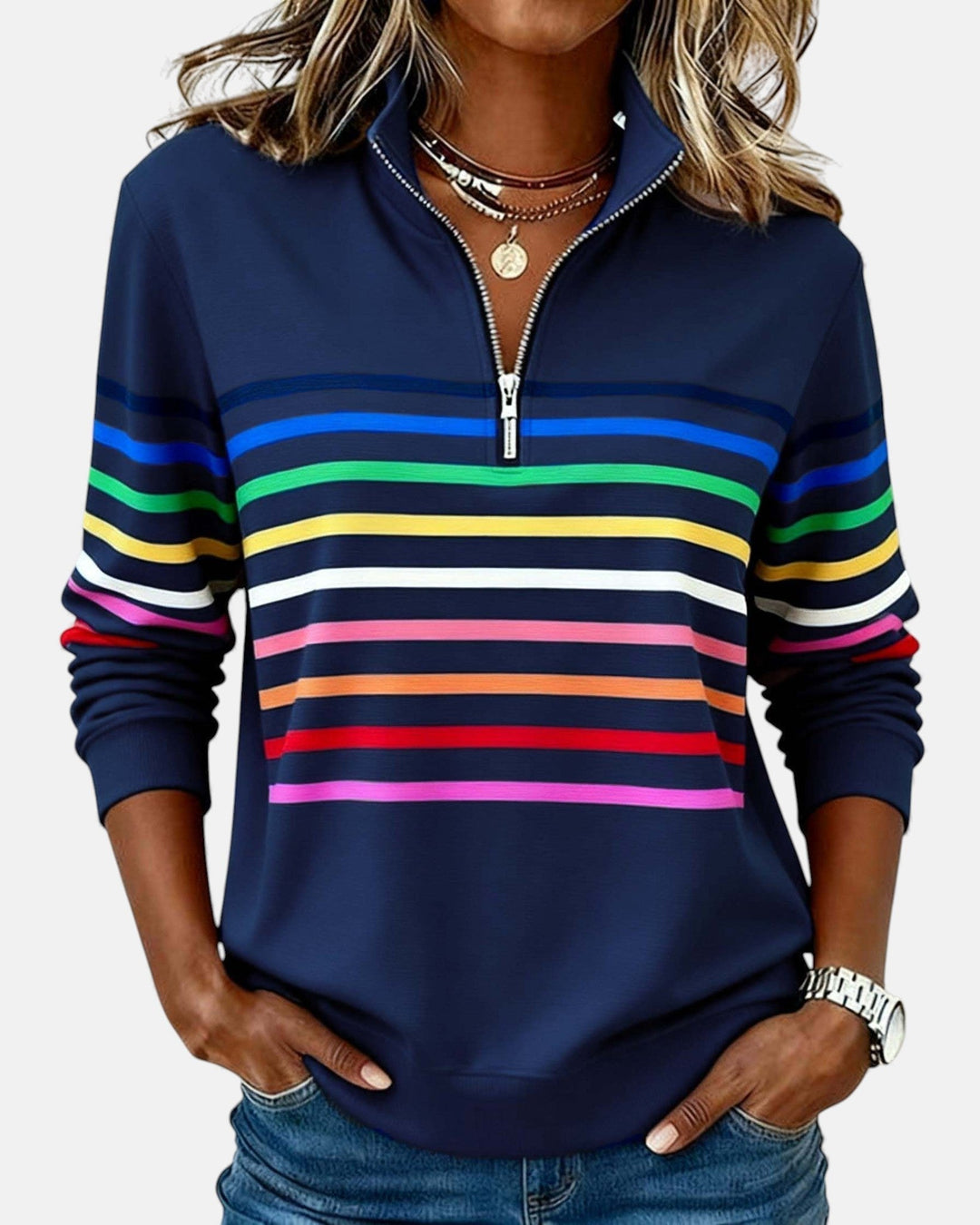 Nadalise | Striped Quarter-Zip Sweater with Long Sleeves for Women