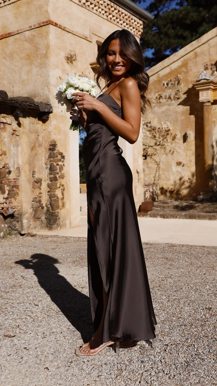 Maren Women's Slip Maxi Dress with Straight Neckline & Side Slit